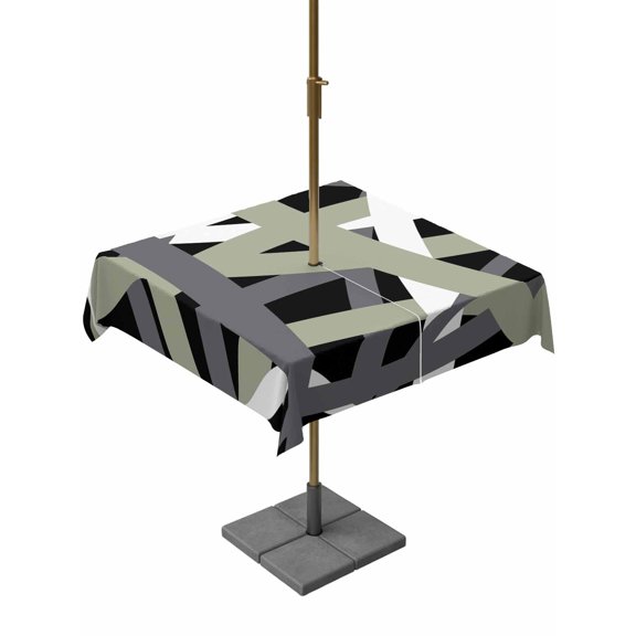 Abstract Art Square Outdoor Tablecloth with Umbrella Hole Green White Black Gray Line Modern Simple 54x54 Inch Waterproof Table Cover Zippered Table Cloth for Garden Patio