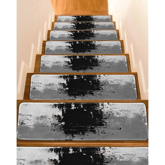 Abstract Art Stair Treads Black Grey Wall Mottled Texture Minimalist Modern Indoor Non Slip Peel and Stick Stair Treads for Wooden Steps 4 PCS, Soft Adhesive Staircase Mats Runner Rugs 8"x30"