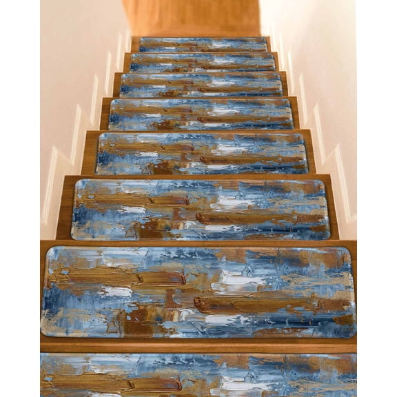 Abstract Art Stair Treads Brown Blue Graffiti Paint Retro Mottled Texture Indoor Non Slip Peel and Stick Stair Treads for Wooden Steps 7 PCS, Soft Adhesive Staircase Mats Runner Rugs 8"x30"