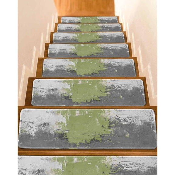 Abstract Art Stair Treads Green Grey Wall Mottled Texture Minimalist Modern Indoor Non Slip Peel and Stick Stair Treads for Wooden Steps 4 PCS, Soft Adhesive Staircase Mats Runner Rugs 8"x30"