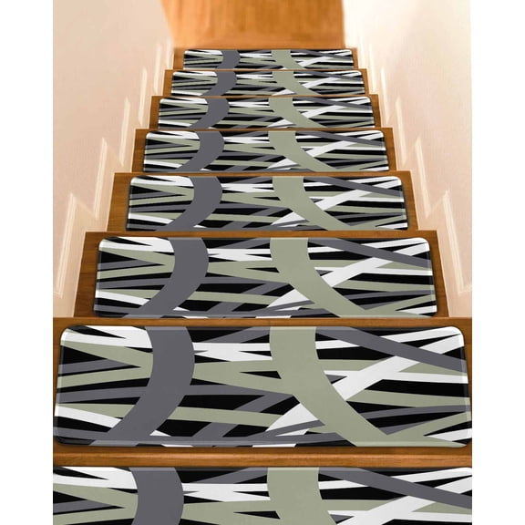 Abstract Art Stair Treads Green White Black Gray Line Modern Simple Indoor Non Slip Peel and Stick Stair Treads for Wooden Steps 4 PCS, Soft Adhesive Staircase Mats Runner Rugs 8"x30"