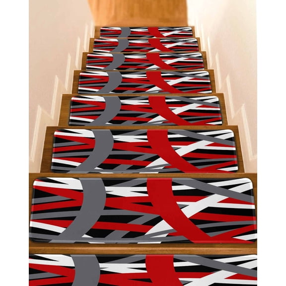 Abstract Art Stair Treads Red White Black Gray Line Modern Simple Indoor Non Slip Peel and Stick Stair Treads for Wooden Steps 10 PCS, Soft Adhesive Staircase Mats Runner Rugs 8"x30"