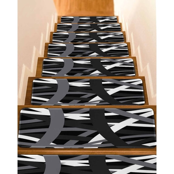 Abstract Art Stair Treads White Black Gray Line Modern Simple Indoor Non Slip Peel and Stick Stair Treads for Wooden Steps 7 PCS, Soft Adhesive Staircase Mats Runner Rugs 8"x30"