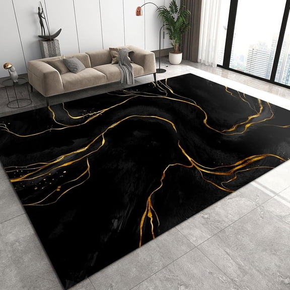 Abstract Art Starry Sky Area Rug Golden Line Light Spot Imitation Marble Large Rugs Indoor Non Slip Breathable Durable Carpet Front Entrance Floor Decor 2x3 Small Non-slip Washable Soft