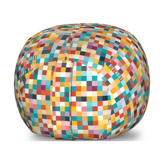 Abstract Art Storage Toy Bag Chair, Geometric Colorful Pixel Like Checkered Graphic Happy Birthday Celebration, Stuffed Animal Organizer Washable Bag, Large Size, Multicolor, by Ambesonne