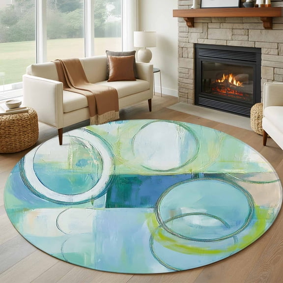 Abstract Art Street Art Circle Teal Retro 7FT Round Area Rugs for Living Room Ultra-Thin Non-Slip Round Rugs Machine Washable Low Pile Circle Carpet for Bedroom Kitchen Nursery
