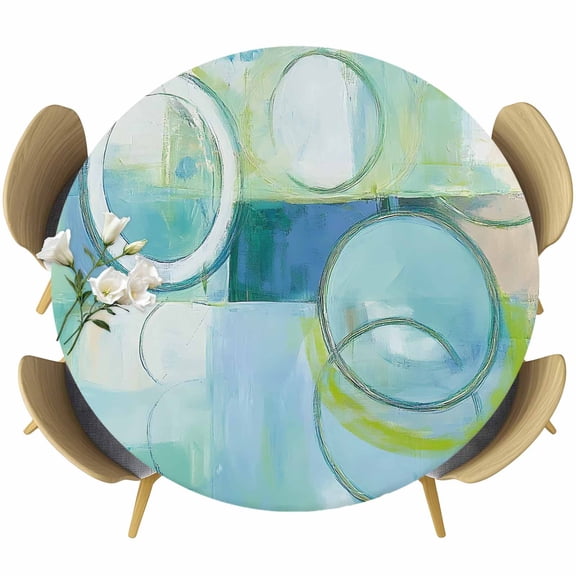 Abstract Art Street Art Circle Teal Retro Round Fitted Table Cover Waterproof Table Cloth with Elastic Edge Wipeable Tablecloth for Picnic Camping Party Fits 36"-44" Diameter