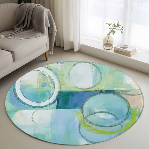 Abstract Art Street Art Circle Teal Retro Round Rugs for Living Room 3ft Non Slip Circle Rug Washable Low-Profile Indoor Carpet for Bedroom, Dining Room, Bathroom