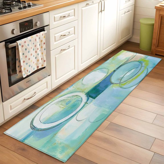 Abstract Art Street Art Circle Teal Retro Runner Rug for Hallway 2x6ft, Non Slip Floor Mat Washable Low-Profile Indoor Carpet for Living Room, Bedroom, Dining Room