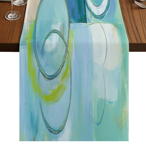 Abstract Art Street Art Circle Teal Retro Table Runner 70 Inches Long, Cotton Linen Dining Table Runner Dresser Scarves for Home Kitchen Party Decor 13"x70"