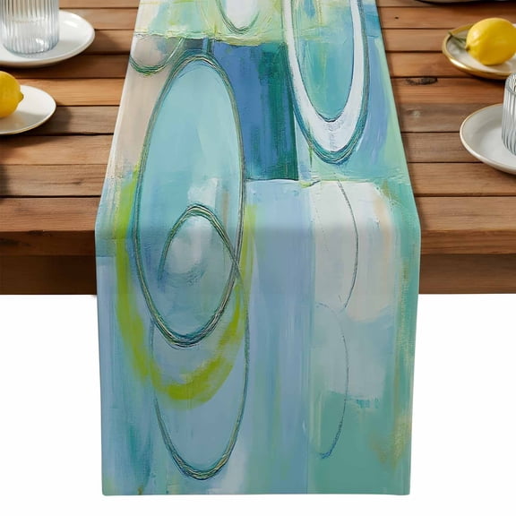 Abstract Art Street Art Circle Teal Retro Table Runner, Kitchen Table Runners Dress Scarves for Table Decorations Party/Restaurant/Indoor Outdoor Use, 13x36in