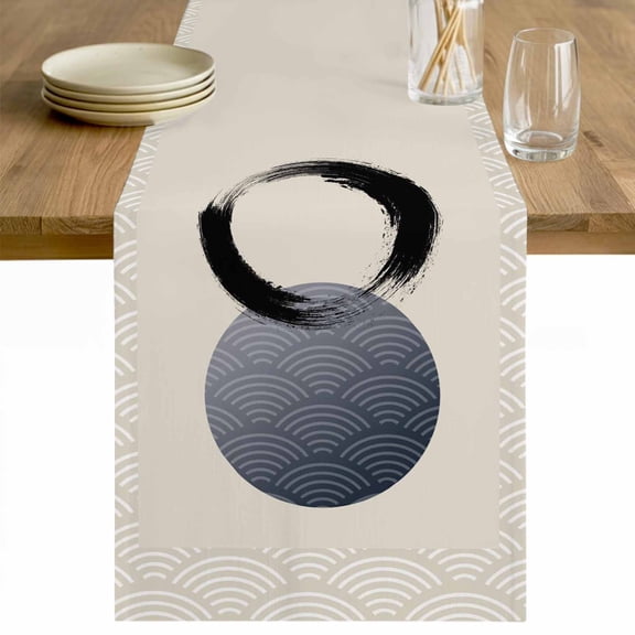 Abstract Art Sun Table Runner - 36 Inch Long Modern Art Black Round Rustic Cotton and Linen Blended Dress Scarves Farmhouse Table Runner for Kitchen Dining, Coffee Table, 13" x 36"