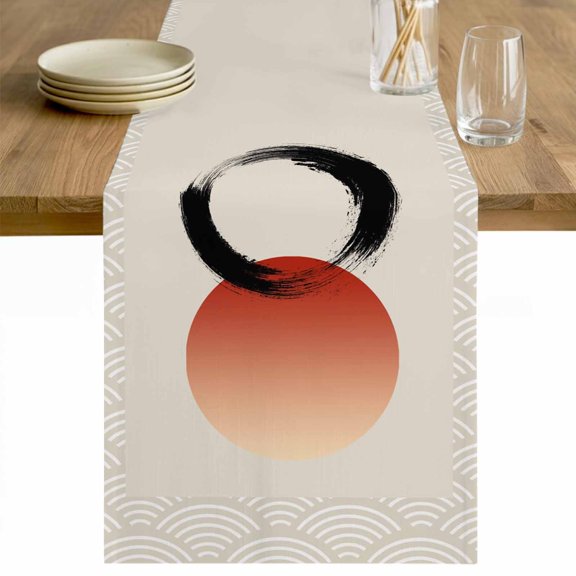 Abstract Art Sun Table Runner - 48 Inch Long Modern Art Orange Round Rustic Cotton and Linen Blended Dress Scarves Farmhouse Table Runner for Kitchen Dining, Coffee Table, 13" x 48"