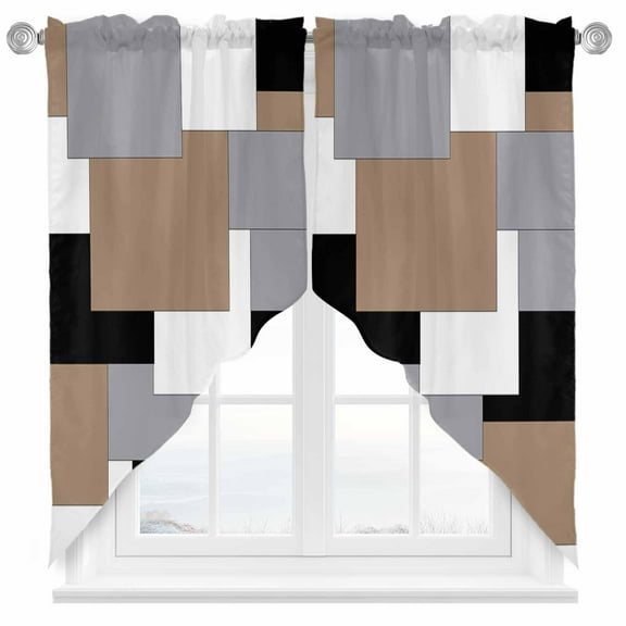 Abstract Art Swag Curtain Valance for Windows, Brown Black Gray Splice Window Treatments Short Swag Topper for Kitchen Windows Bathroom Bedroom, 28"x36"