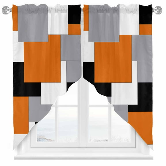 Abstract Art Swag Curtain Valance for Windows, Orange Black Gray Splice Window Treatments Short Swag Topper for Kitchen Windows Bathroom Bedroom, 28"x36"
