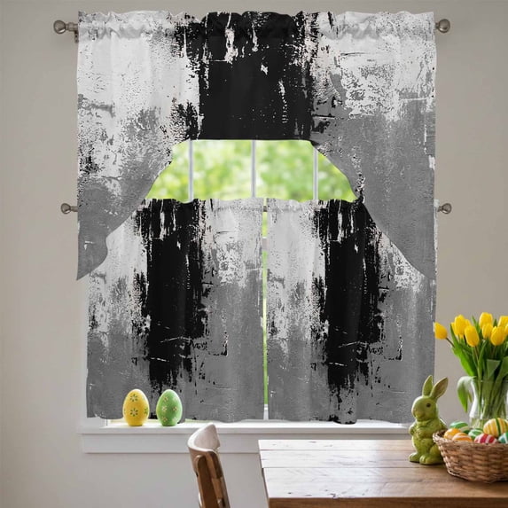 Abstract Art Swag Curtains Valance & Tier Set, Black Grey Wall Mottled ...