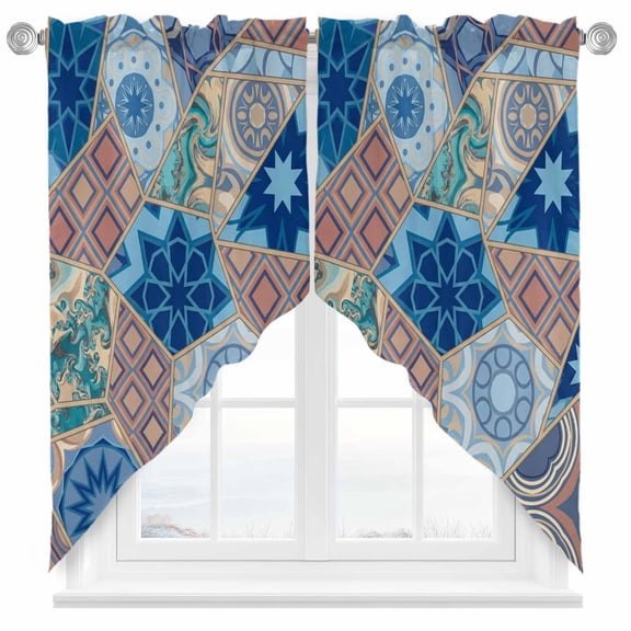 Abstract Art Swag Kitchen Curtain Valances, Orange Blue Geometric Flower Line Patchwork Rod Pocket Curtains Window Treatment Decor Valances for Bedroom Bathroom, 2 Panels 36 x 36 Inch
