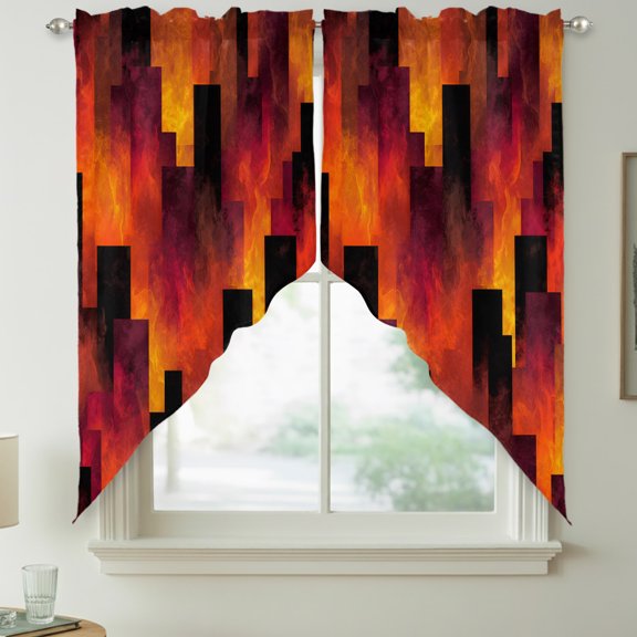 Abstract Art Swag Kitchen Curtain Valances, Red Black Gradient Flames Vertical Blocks Modern Rod Pocket Curtains Window Treatment Decor Valances for Bedroom Bathroom, 2 Panels 36 x 36 Inch