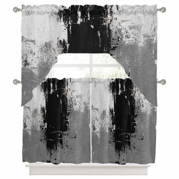Abstract Art Swag Valance and Tier Set of 3, Black Grey Wall Mottled Texture Minimalist Modern Swag Curtains Valances for Small Window Treatment Rod Pocket for Kitchen Bathroom 56x36in+27.5x36*2