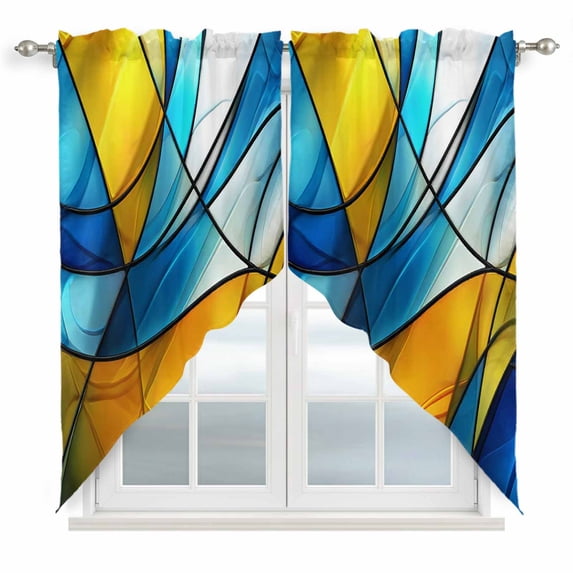 Abstract Art Swag Valances for Windows 2 Pack Blue Yellow Gradient Wavy Lines Geometric Modern Swag Kitchen Curtains 36 Inches Long Rod Pocket Short Window Treatment for Kitchen Bathroom 36"x36"