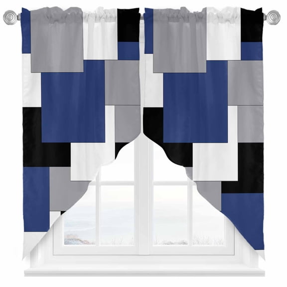 Abstract Art Swag Valances for Windows 2 Pack Patchwork Black and Navy blue Swag Kitchen Curtains 36 Inches Long Rod Pocket Short Window Treatment for Kitchen Bathroom 36"x36"