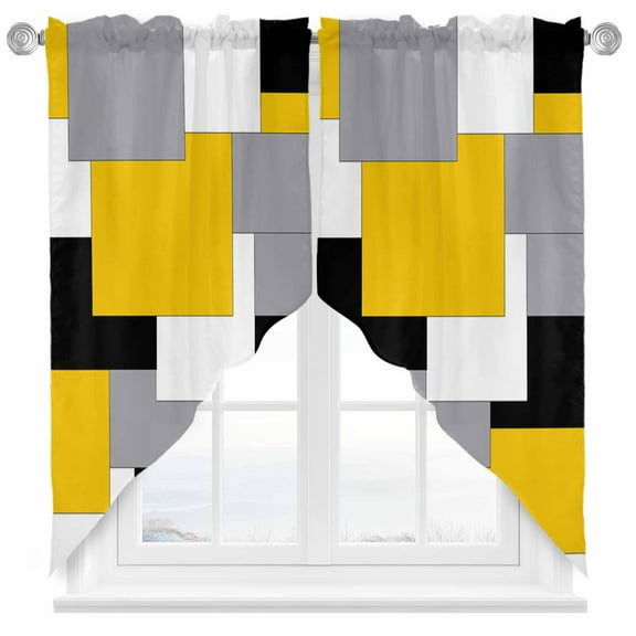 Abstract Art Swag Valances for Windows 2 Pack Patchwork Black and Yellow Swag Kitchen Curtains 36 Inches Long Rod Pocket Short Window Treatment for Kitchen Bathroom 36"x36"