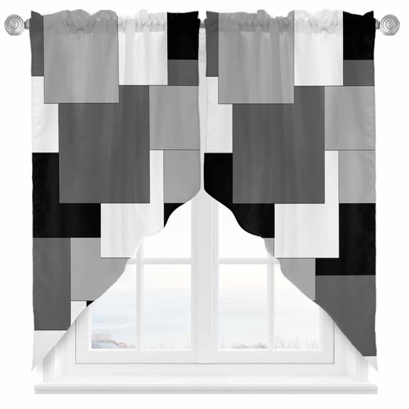 Abstract Art Swag Valances for Windows 2 Pack White Black Gray Splice Swag Kitchen Curtains 36 Inches Long Rod Pocket Short Window Treatment for Kitchen Bathroom 28"x36"