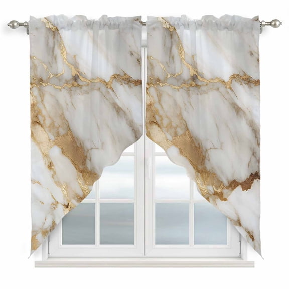 Abstract Art Swag Valances for Windows 2 Pack White Marble Pattern Gold Crack Rock Texture Swag Kitchen Curtains 36 Inches Long Rod Pocket Short Window Treatment for Kitchen Bathroom 28"x36"
