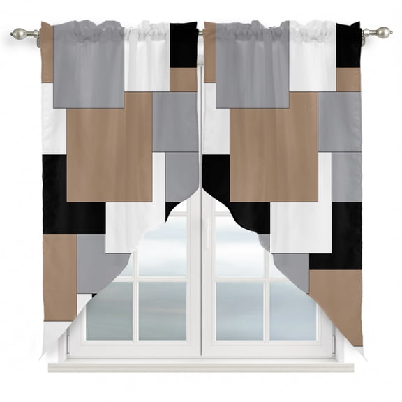 Abstract Art Swag Valances for Windows 36 inches Long, Brown Black Gray Splice Swag Curtains Privacy Light Filtering Curtain Tiers for Kitchen Bathroom 28" W x 36" L, 2 Panels