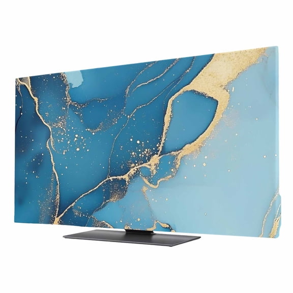 Abstract Art TV Dust Cover 40 Inch, Teal Blue Marble Stone Gold Cracks Modern Computer Monitor Cover Dustproof Stretchable Indoor TV Screen Protector for LED LCD Universal Monitors