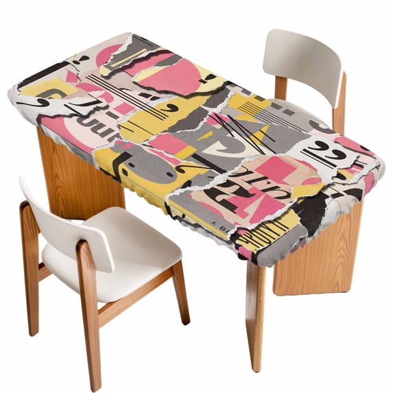 Abstract Art Table Cloths for 6 Foot Rectangle Tables, Pink Yellow Collage Art Torn Paper Pieces Patio Waterproof Elastic Fitted Tablecloths, Washable Rectangular Table Cover for Camping