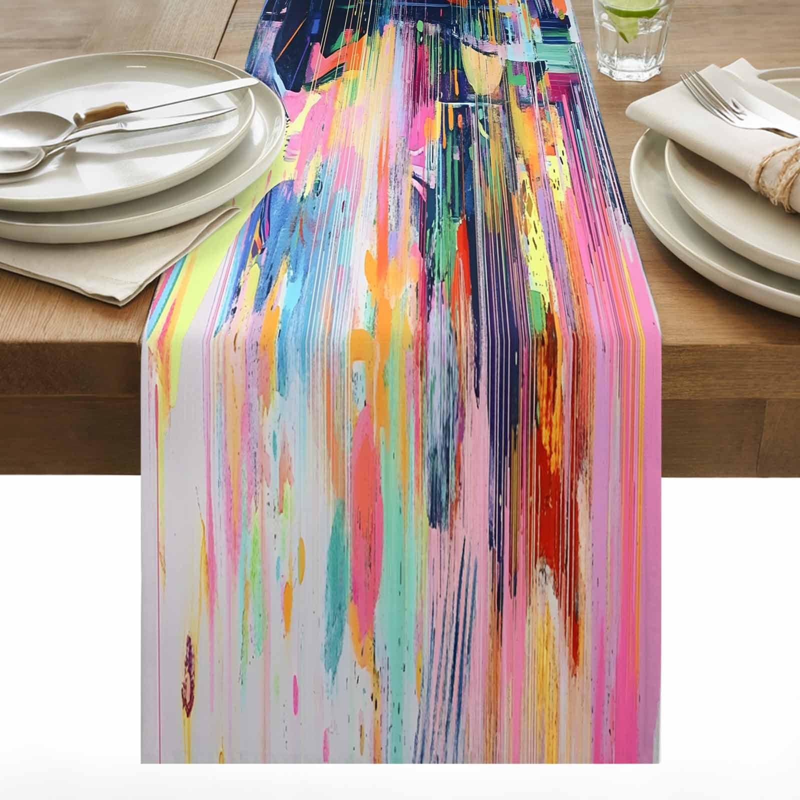 Abstract Art Table Runner 13x108 inch Modernism Colorful Color Block Collage Cotton Linen Dining Table Runner Ideal for Dresser Kitchen Coffee Tables - Machine Washable