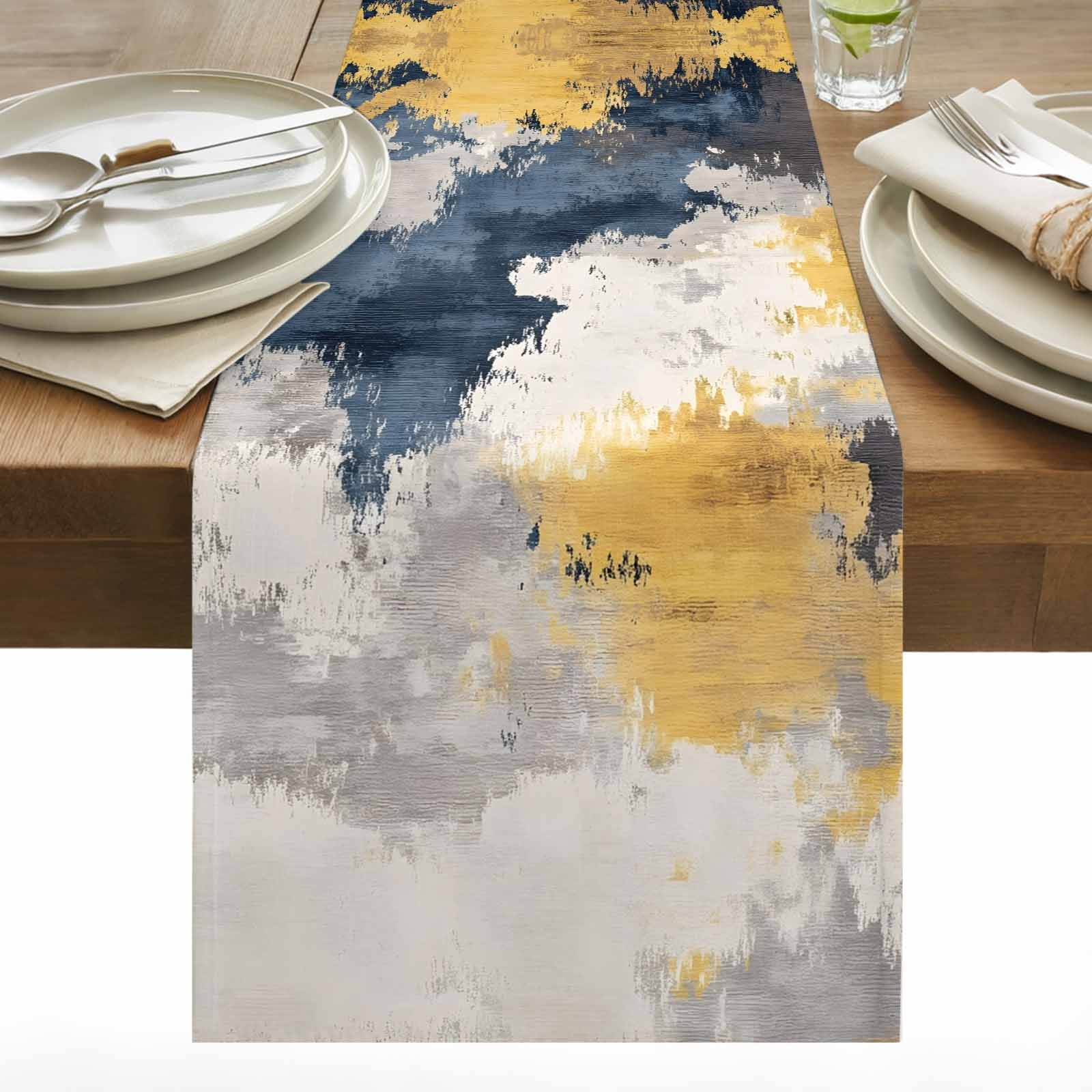 Abstract Art Table Runner 13x120 inch Watercolor Blue Yellow Blending Cotton Linen Dining Table Runner Ideal for Dresser Kitchen Coffee Tables - Machine Washable
