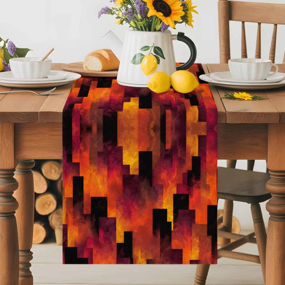 Abstract Art Table Runner 13x36 Inch Red Black Gradient Flames Vertical Blocks Modern Cotton Linen Dining Table Runner Ideal for Dresser Kitchen Coffee Tables - Machine Washable