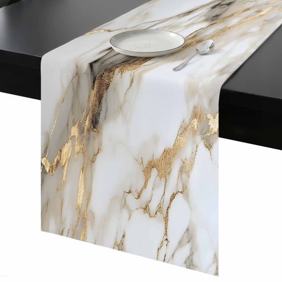 Abstract Art Table Runner 13x48 Inch White Marble Texture Gold Crack Stone Minimalism Table Runner Non-Slip Dresser Scarves for Holiday Decorations, Party, Dinner and Gatherings, 1 Pack