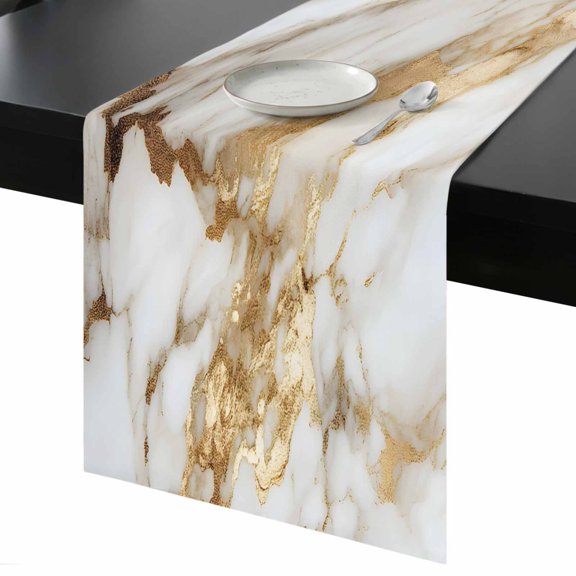 Abstract Art Table Runner 13x60 Inch White Marble Pattern Gold Crack Rock Texture Table Runner Non-Slip Dresser Scarves for Holiday Decorations, Party, Dinner and Gatherings, 1 Pack