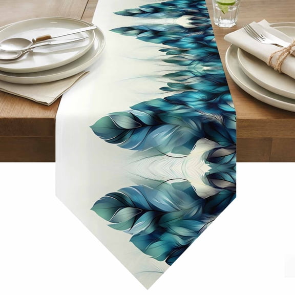 Abstract Art Table Runner 36 Inches Long Soft Edge Green Feather Decoration Table Runners for Dining Room Tabletop Dresser Scarf Home Party Banquet Wedding Holiday Decoration