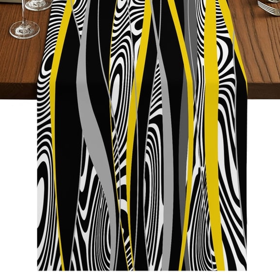 Abstract Art Table Runner 36 Inches Long, Yellow Black Gray Lines Psychedelic Gradient Cotton Linen Dining Table Runner Dresser Scarves for Home Kitchen Party Decor 13"x36"
