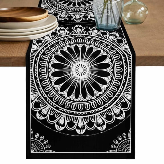 Abstract Art Table Runner, Black Ethnic Simple Line Theme Cotton Linen Kitchen Table Decoration Washable Dining Tabletop Runners for Home Party Decor 13x36 Inches