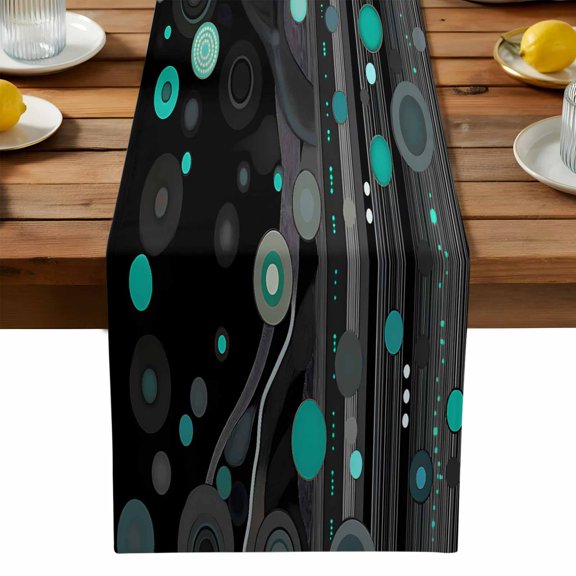 Abstract Art Table Runner, Black Teal Dot Modern Space Art Kitchen Table Runners Dress Scarves for Table Decorations Party/Restaurant/Indoor Outdoor Use, 13x36in
