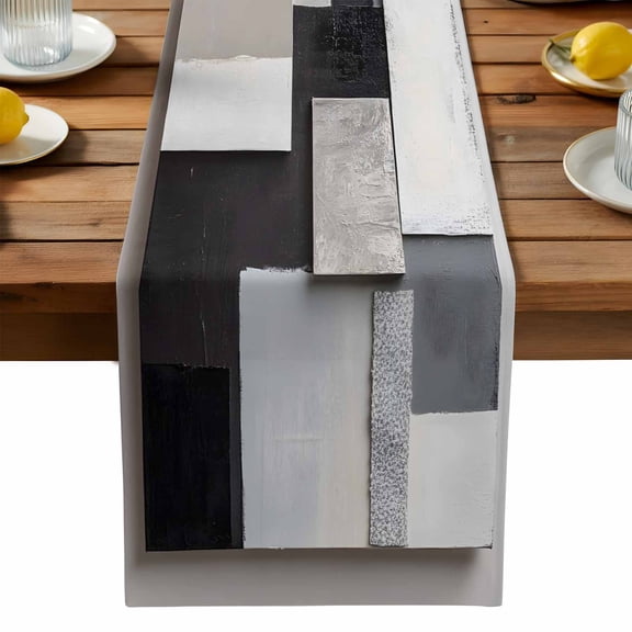 Abstract Art Table Runner, Black White Blocks Watercolor Modern Art Kitchen Table Runners Dress Scarves for Table Decorations Party/Restaurant/Indoor Outdoor Use, 18x72in
