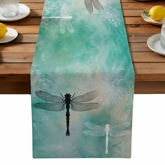 Abstract Art Table Runner, Black White Dragonfly Wings Turquoise Gradient Kitchen Table Runners Dress Scarves for Table Decorations Party/Restaurant/Indoor Outdoor Use, 13x36in