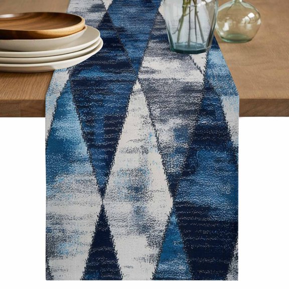 Abstract Art Table Runner, Blue White Gray Geometric Vintage Square Cotton Linen Kitchen Table Decoration Washable Dining Tabletop Runners for Home Party Decor 13x48 Inches