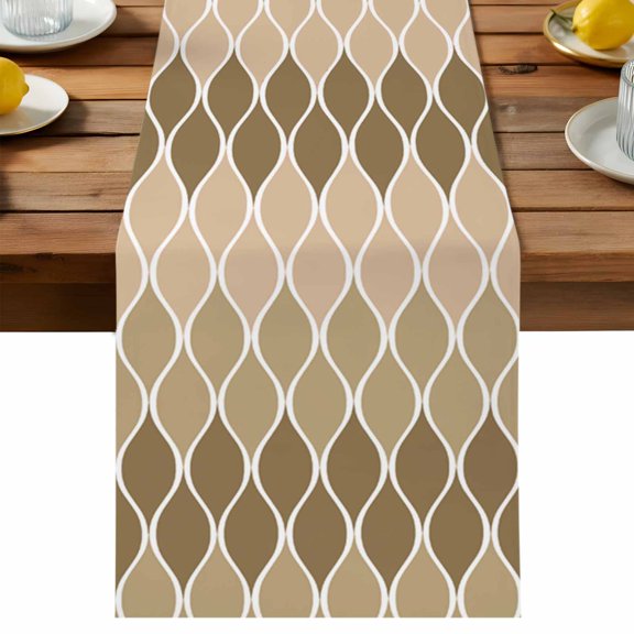 Abstract Art Table Runner, Brown Khaki Ombre Geometric Wavy Lines Cotton Linen Table Cloth, Tablerunner for Kitchen Dining Party Wedding Home Decor 13x48 Inch