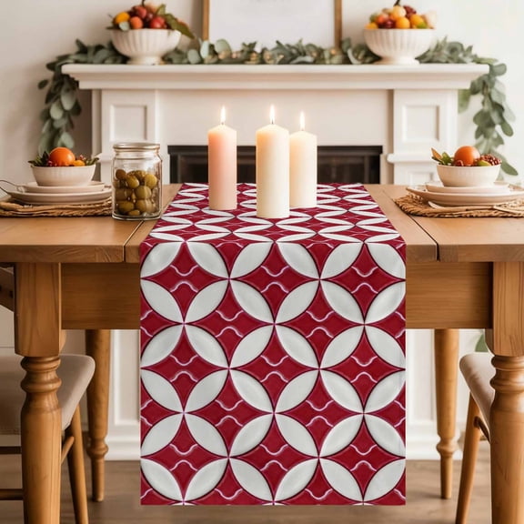 Abstract Art Table Runner, Geometric Medieval Circular Modules Red Plaid Cotton Linen Kitchen Table Decoration Washable Dining Tabletop Runners for Home Party Decor 13x36 Inches