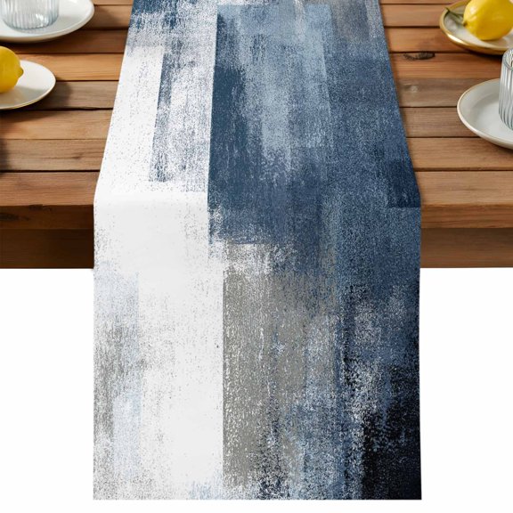 Abstract Art Table Runner, Gradient Dark Blue Vintage Minimalist Cotton Linen Table Cloth, Tablerunner for Kitchen Dining Party Wedding Home Decor 13x48 Inch