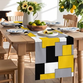 Abstract Art Table Runner, Patchwork Black and Yellow Washable Kitchen Table Runners Dress Scarves for Dining Table Decorations Party/Restaurant/Indoor Outdoor Use, 13x48in