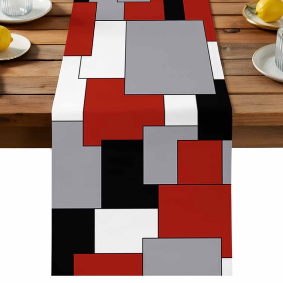 Abstract Art Table Runner, Patchwork Red Black and Grey Cotton Linen ...