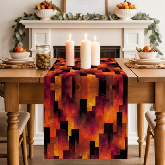 Abstract Art Table Runner, Red Black Gradient Flames Vertical Blocks Modern Washable Cotton-linen Table Runners Dining Kitchen Decoration for Everyday Home Wedding Party Decor, 18 x72 Inch