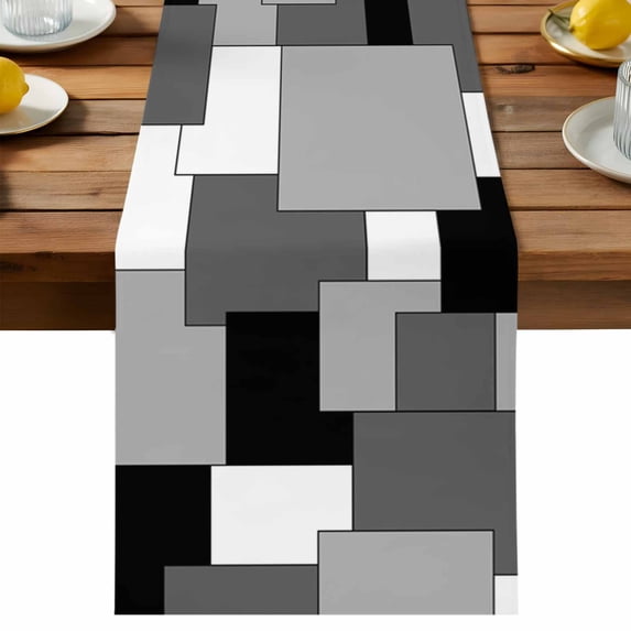 Abstract Art Table Runner, White Black Gray Splice Cotton Linen Table ...